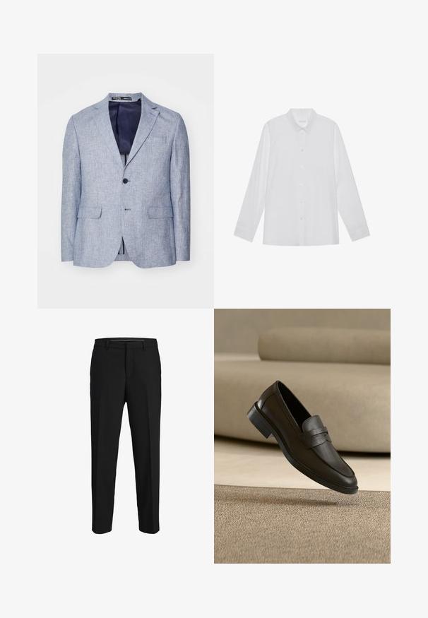 Heller blauer, strukturierten Herrenblazer mit Reverskragen, zwei vorderen Klappentaschen, Ein-Knopf-Verschluss und dunkelblauer Innenauskleidung, die sichtbar ist.; Weiße Langarmbluse aus glattem Stoff, mit spitzem Kragen, Knopfleiste vorne und Ein-Knopf-Manschetten.; Schwarze Hose aus glattem Material, mit geradem Schnitt, Gürtelschlaufen und flachem Vorderteil ohne sichtbare Muster oder Verzierungen.; Schwarzer Lederloafer, der auf einem beigen Teppich liegt, mit einem gebogenen beigen Sofa im Hintergrund.