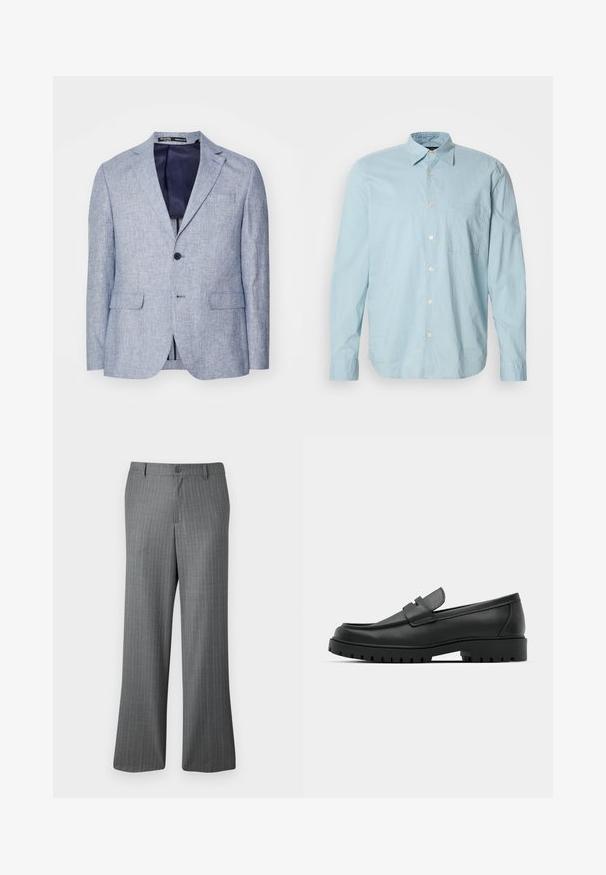 Heller blauer, strukturierten Herrenblazer mit Reverskragen, zwei vorderen Klappentaschen, Ein-Knopf-Verschluss und dunkelblauer Innenauskleidung, die sichtbar ist.; Helles blau karierter Langarmshirt mit Button-Down-Kragen, Brusttasche und weißen Knöpfen. Hergestellt aus einem glatten Stoff.; Grau gestreifte Hose mit lockerem Schnitt, ausgestattet mit einem Knopfverschluss, Gürtelschlaufen und dezenten hellblauen Streifen.; Schwarze Lederloafer mit runder Zehenform, ausgestattet mit einem gesteppten Design, niedrigem Plattformsohle und einer strukturierten, genoppten Gummisohle.