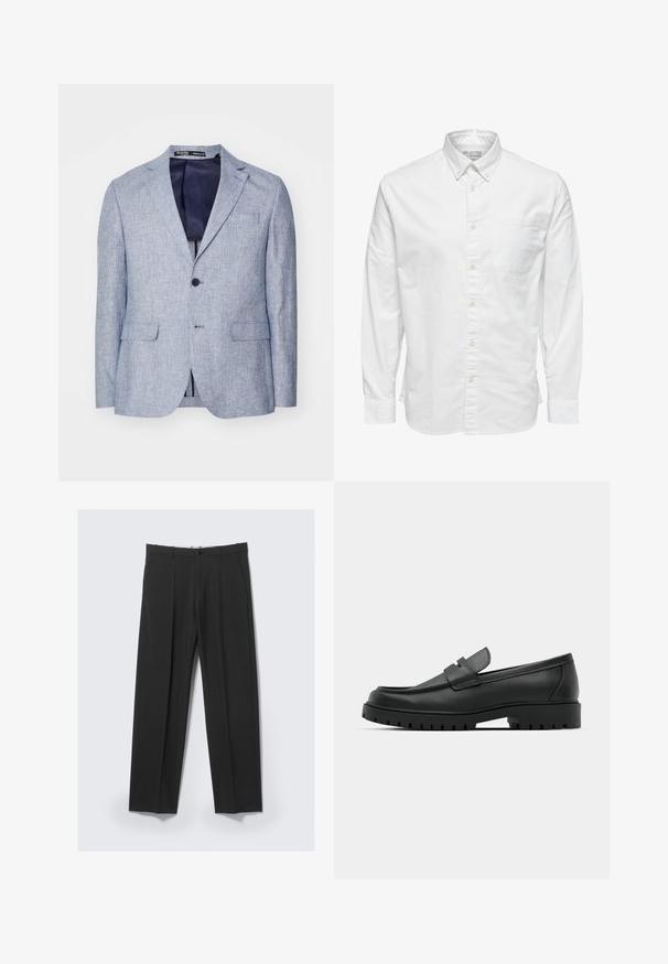 Blazer para hombre de textura azul claro con solapas en muesca, dos bolsillos frontales con solapa, cierre de un solo botón y forro interior azul oscuro visible.; Camisa blanca de manga larga con botones, cuello y bolsillo en el pecho, con la etiqueta "Selected Homme" en el interior del cuello.; Pantalones negros a medida con pinzas delanteras, bolsillos laterales, trabillas para cinturón y cierre de botón en la cintura sobre un fondo claro.; Mocasines de cuero negro con punta redonda, que cuentan con un diseño cosido, suela de plataforma baja y una suela de goma texturada y con tacos.