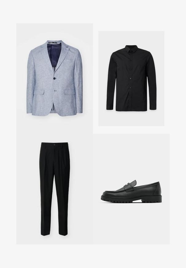Lichtblauwe textuur herenblazer met notched lapels, twee voorflapzakken, sluiting met één knop en een donkerblauwe voering die zichtbaar is.; Effen zwart overhemd met lange mouwen en knopen, met een klassieke kraag, weergegeven op een lichtgrijze achtergrond.; Zwarte, op maat gemaakte, high-waist broek met riemlussen, plooien aan de voorkant, zijzakken en een knoop- en ritssluiting.; Zwarte leren instappers met een ronde neus, voorzien van een gestikt ontwerp, een lage platformzool en een gestructureerde, grof rubberen buitenzool.