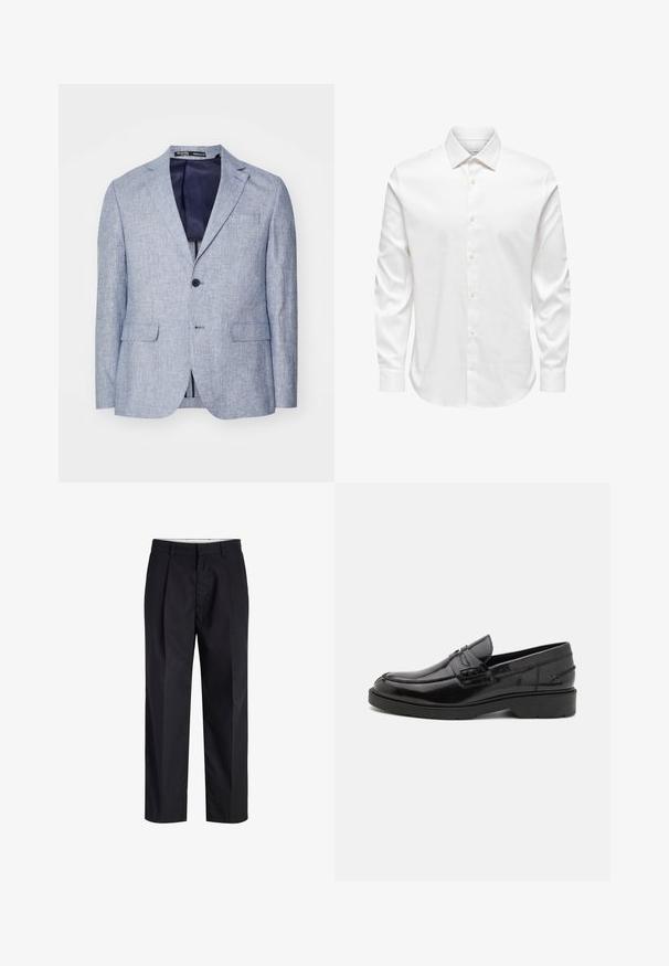 Blazer pour homme en bleu clair texturé avec revers en pointe, deux poches avant à rabat, fermeture à un bouton, et doublure intérieure bleu foncé visible.; Chemise blanche pour homme à manches longues avec col pointu et rangée avant de boutons blancs sur fond uni.; Pantalon noir à jambes droites avec taille, passants de ceinture, fermeture éclair à l'avant et poches latérales, présenté sur fond blanc.; Mocassins en cuir noir avec une finition lisse, un bout rond, un petit talon et descoutures décoratives à l'avant. Semelle en caoutchouc pour l'adhérence.