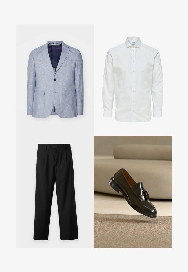 Blazer para hombre de textura azul claro con solapas en muesca, dos bolsillos frontales con solapa, cierre de un solo botón y forro interior azul oscuro visible.; Camisa blanca de vestir de manga larga con botones en la parte delantera y cuello puntiagudo, mostrada sobre un fondo blanco.; Pantalones negros de corte recto, con un cierre de botón único, dos bolsillos frontales y una textura de tela suave y ligera.; Zapato mocasín de cuero negro con borlas flotando sobre una alfombra beige con un sofá beige al fondo.