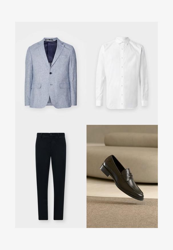 Blazer para hombre de textura azul claro con solapas en muesca, dos bolsillos frontales con solapa, cierre de un solo botón y forro interior azul oscuro visible.; Camisa blanca de manga larga, tipo botón, con cuello clásico, placket frontal con botones y una textura de algodón suave.; Pantalones negros de corte slim con trabillas, botón delantero y cierre de cremallera, mostrados extendidos sobre un fondo gris claro.; Zapato mocasín de cuero negro flotando sobre una alfombra beige con un sofá beige en el fondo, mostrando el diseño clásico para hombres sin cordones.