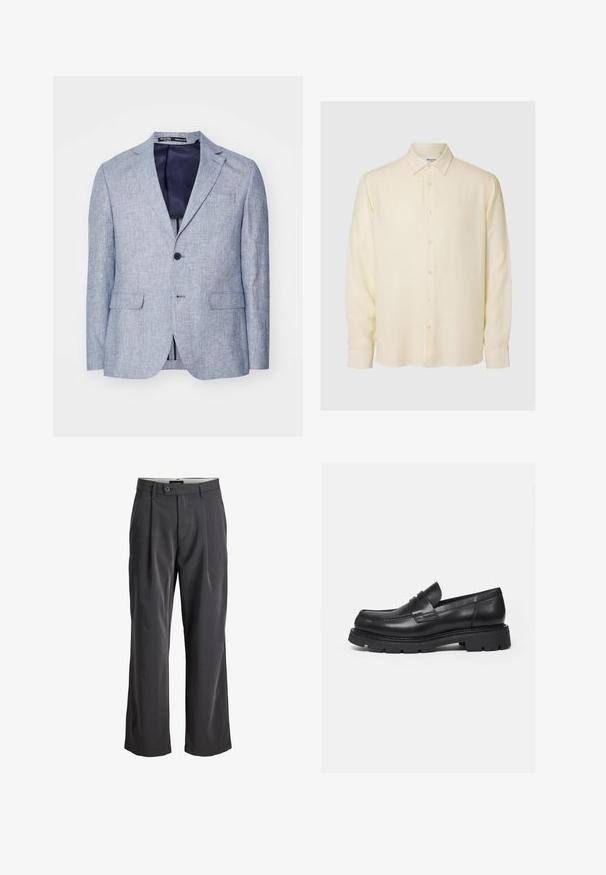 Blazer para hombre de textura azul claro con solapas en muesca, dos bolsillos frontales con solapa, cierre de un solo botón y forro interior azul oscuro visible.; Camisa de manga larga de color crema con cuello, siete botones en la parte delantera y etiqueta de la marca visible en el interior del cuello.; Pantalones plisados negros con un diseño de pierna recta, fabricados en una tela suave. Cuentan con un cierre de botón y trabillas en la cintura.; Mocasín negro de cuero con suela gruesa y acanalada y detalle de tira para moneda, mostrado en perfil lateral derecho sobre fondo blanco.