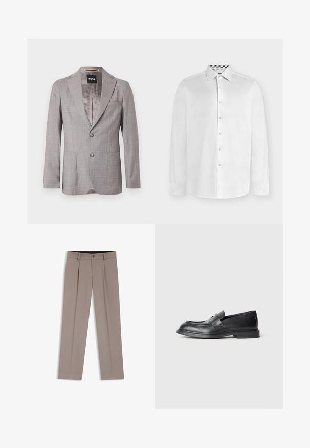 Blazer pour homme cintré gris clair avec revers crantés, deux boutons à l'avant, poches plaquées et doublure intérieure à motifs portant l'étiquette "BOSS".; Chemise blanche à manches longues boutonnée avec un col pointu, dévoilant une doublure intérieure du col à motif noir et blanc.; Pantalon homme sur mesure de couleur marron clair avec passants de ceinture, plis, bouton à l'avant et braguette zippée, posé à plat sur un fond blanc.; Mocassins en cuir noir avec une finition texturée, dotés d'une bride décorative à l'avant et d'un bout arrondi. Semelle en caoutchouc pour plus de durabilité.