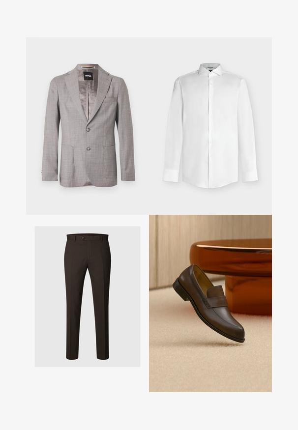 Blazer pour homme cintré gris clair avec revers crantés, deux boutons à l'avant, poches plaquées et doublure intérieure à motifs portant l'étiquette "BOSS".; Chemise blanche à manches longues avec col pointu et patte de boutonnage sur fond gris clair.; Pantalon marron foncé sur mesure avec fermeture par bouton et zip, passants de ceinture et pli sur le devant de chaque jambe.; Mocassin en cuir marron foncé présenté en suspension au-dessus d’un tapis beige avec une table ronde en bois poli en arrière-plan.