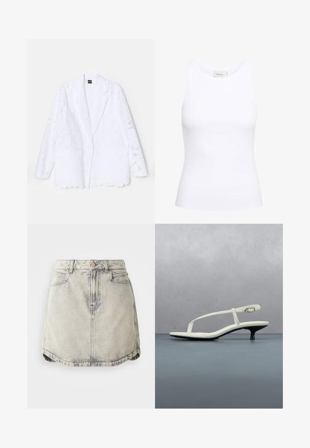 Hvid blazer med blomstret blonderedesign, enkeltknaplukning, spidse klapper, to frontlommer og bølget kantdetalje.; Hvid ribbet tanktop med rund halsudskæring og uden ærmer. Strækbart stof og tætsiddende design. Etiketten bagpå viser "GESTUZ."; Denim nederdel i lys grå med en falmet tekstur, der har en knappet talje, forlommer og en let buet sømdesign.; Hvid sandal med stropper og kitten-hæl med spids tå, svævende over et trægulv udendørs med en sløret plante og væg i baggrunden.