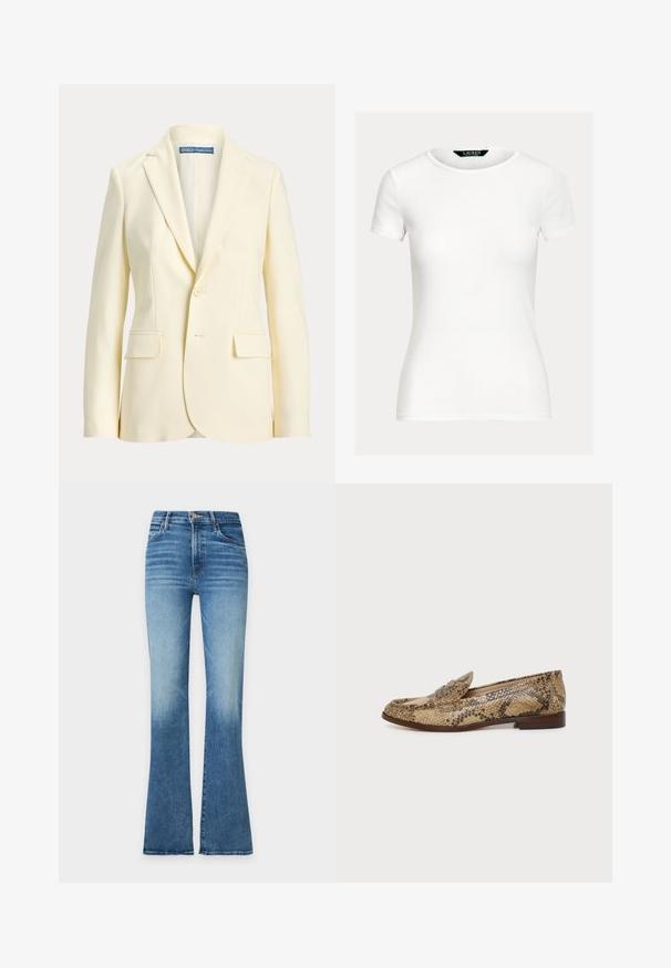 Blazer crème pour femme à un bouton, avec revers crantés et poches avant à rabat, marque Polo Ralph Lauren.; T-shirt blanc uni ajusté à manches courtes avec col rond et étiquette Lauren Ralph Lauren à l'intérieur du col.; Jean en denim bleu taille haute avec un lavage délavé, poches avant, fermeture par boutons et jambes légèrement évasées sur fond uni.; Mocassin plat à enfiler avec motif peau de serpent beige et marron et semelle basse marron sur fond uni.