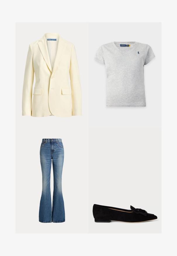Blazer crème pour femme à un bouton, avec revers crantés et poches avant à rabat, marque Polo Ralph Lauren.; T-shirt en coton gris clair à manches courtes avec col en V et petit logo Polo Ralph Lauren bleu marine sur la poitrine gauche.; Jean en denim bleu taille haute avec jambes évasées et légère décoloration sur la partie avant des cuisses, présenté sur fond blanc.; Chaussure plate en suede noir avec un bout effilé, détail de gland décoratif et un petit talon. Texture lisse avec des accents de coutures minimales.