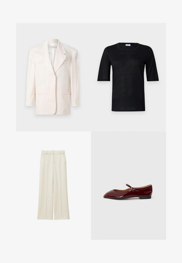 Een crème blazer met één knoop, voorzien van een notch-kraag en voorzakken, hangend tegen een effen witte achtergrond.; Zwarte T-shirt met korte mouwen van lichtgewicht stof, met een ronde hals, voorzien van een zachte textuur en een comfortabele pasvorm.; Brede broek in een lichtbeige stof met een textuurpatroon, voorzien van twee zijzakken en een ceintuur.; Bordeaux patent ballerina's met een spitse neus en een dunne enkelsluiting met een kleine gesp. Platte zool met een gladde afwerking.
