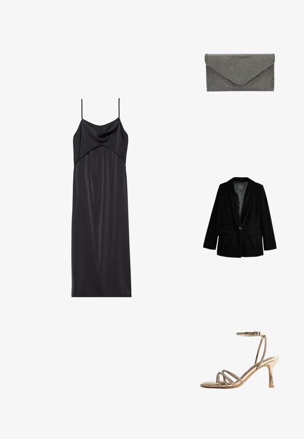 Blazer en velours noir avec un revers cranté, fermeture à un bouton, deux poches avant et doublure intérieure lisse. Coupe ajustée et texture douce.; Robe nuisette en satin noir avec de fines bretelles spaghetti, un décolleté drapé et une silhouette droite. Texture lisse et design minimaliste.; Sandale à talon haut dorée avec des lanières fines ornées de strass au niveau des orteils et une sangle à la cheville avec fermeture à boucle.; Pochette en tissu noir avec un motif texturé clouté et fermeture portefeuille, présentant une forme rectangulaire élégante et sans quincaillerie visible.