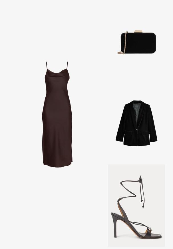 Blazer en velours noir avec un revers cranté, fermeture à un bouton, deux poches avant et doublure intérieure lisse. Coupe ajustée et texture douce.; Robe nuisette sans manches en satin brun foncé avec de fines bretelles spaghetti et une silhouette droite longue jusqu'au sol.; Sandale noire à talon haut avec fines lanières enveloppant la cheville, bout ouvert et anneaux décoratifs argentés sur la bride avant, sur fond blanc.; Pochette en velours noir avec quincaillerie dorée, de forme rectangulaire, et une bandoulière en chaîne, présentant une texture lisse et sans motifs visibles.