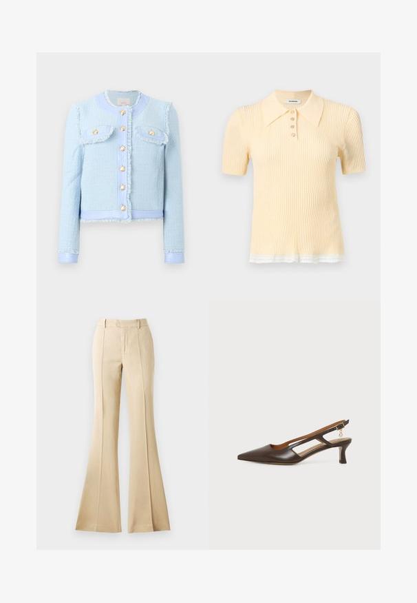 Veste en tweed bleu clair texturée avec boutons dorés, deux poches avant à rabat, bordure à franges et manches longues.; Polo en maille côtelée à manches courtes de couleur jaune pâle avec quatre boutons et bordure en dentelle blanche à l'ourlet.; Pantalons évasés beiges en tissu lisse, avec des plis devant, une taille haute et une silhouette épurée et ajustée.; Chaussure slingback en cuir marron à bout pointu avec un petit talon courbé et un petit charm doré sur la bride réglable à la cheville.