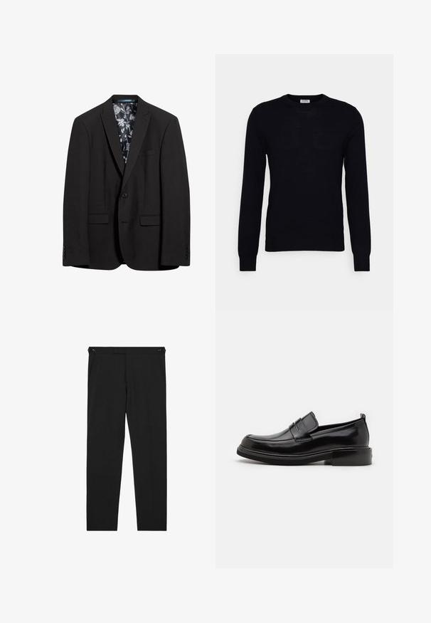 Blazer noir avec une fermeture à bouton unique, deux poches avant et une doublure à motif floral. Texture lisse et coupe ajustée.; Pull noir à manches longues en tricot doux. Encolure ronde, poignets et ourlet côtelés. Design minimaliste sans motifs ni boutons visibles.; Pantalon noir à jambes droites avec poches latérales et détails à boutons sur la ceinture, présenté à plat sur un fond blanc.; Calvin Klein MOCCASIN - Mocassins de ville - black