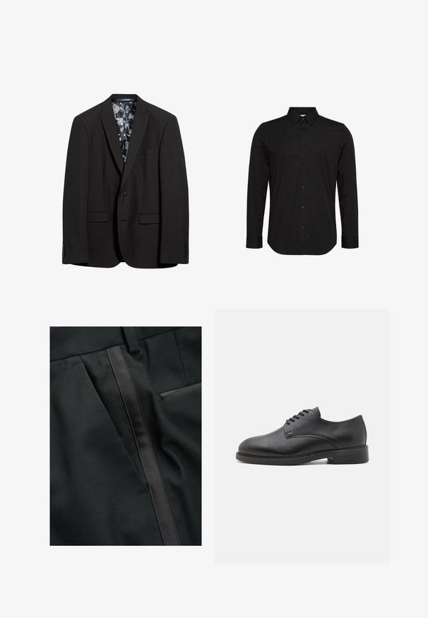 Blazer noir avec une fermeture à bouton unique, deux poches avant et une doublure à motif floral. Texture lisse et coupe ajustée.; Chemise noire à manches longues en tissu lisse, avec un col pointu, une fermeture boutonnée à l'avant et un petit logo sur la poitrine.; Les pantalons noirs ajustés présentent une texture lisse, une bande satinée élégante sur le côté et une poche latérale à droite.; Chaussure oxford en cuir noir avec un bout rond, présentant une finition lisse, un laçage à cinq œillets et un petit talon empilé.