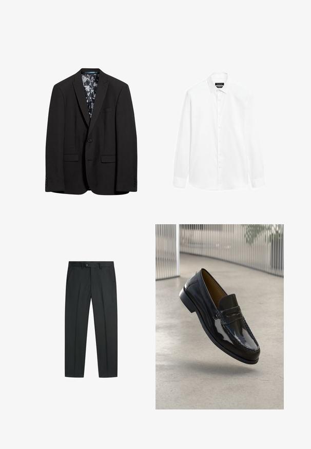 Blazer noir avec une fermeture à bouton unique, deux poches avant et une doublure à motif floral. Texture lisse et coupe ajustée.; Chemise blanche avec un col boutonné, des manches longues et une patte de boutonnage à l'avant. Le tissu semble lisse avec un léger éclat.; Pantalon de costume noir sur mesure avec passants pour ceinture, fermeture devant par bouton et zip, et poches latérales en biais, présenté à plat sur fond blanc.; Mocassin en cuir verni noir avec un accent cousu, bout rond, petit talon et surface lisse, présenté sur un fond neutre.