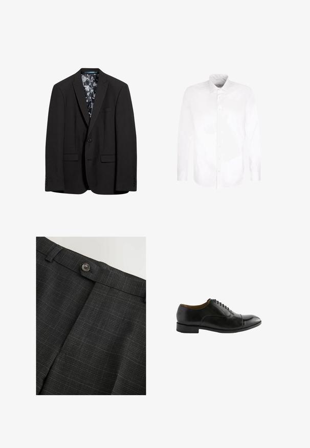 Blazer noir avec une fermeture à bouton unique, deux poches avant et une doublure à motif floral. Texture lisse et coupe ajustée.; Chemise blanche à manches longues avec boutons et col pointu, présentée à plat sur un fond blanc.; Pantalon gris foncé sur mesure avec un motif à carreaux subtil, doté d'une patte de ceinture boutonnée et de passants pour ceinture.; Chaussure habillée en cuir noir avec un bout arrondi, une surface lisse et un design à lacets. Dispose d'un talon bas et de détails de couture subtils.