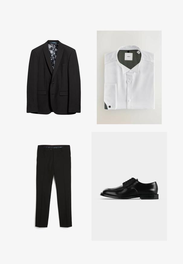 Blazer noir avec une fermeture à bouton unique, deux poches avant et une doublure à motif floral. Texture lisse et coupe ajustée.; Chemise blanche à manches longues avec un tissu texturé, pliée soigneusement. Le col intérieur présente un motif vert avec des cercles dorés. Étiquette de marque visible.; Next Pantalon classique - black denim; Chaussure de ville pour homme en cuir noir avec lacets, finition lisse et talon bas, vue de profil sur un fond clair uni.