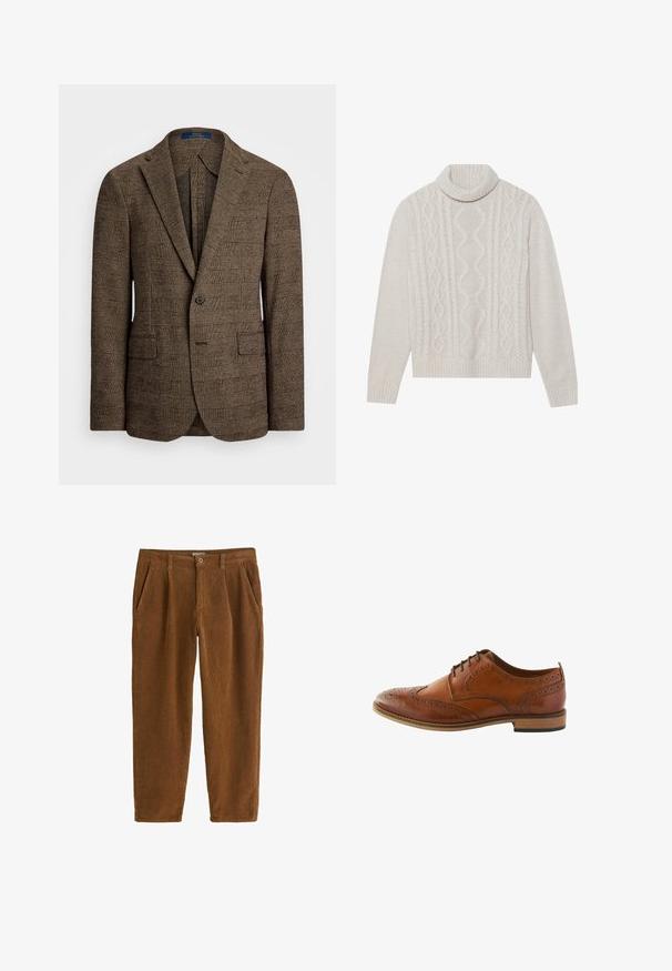 Blazer à carreaux marron avec un col cranté, deux poches avant et une fermeture à un bouton. Le tissu texturé ajoute de la profondeur au design.; Pull en maille torsadée couleur crémeux avec un col haut à côtes, présentant un motif texturé et des poignets et un ourlet côtelés. Matière douce en mélange de laine.; Pantalons en velours côtelé marron à coupe droite, dotés de plis à l'avant, de poches inclinées et d'une fermeture à un seul bouton à la taille.; Chaussure brogue en cuir marron avec des perforations détaillées, bout arrondi, design à lacets et semelle en bois marron moyen.