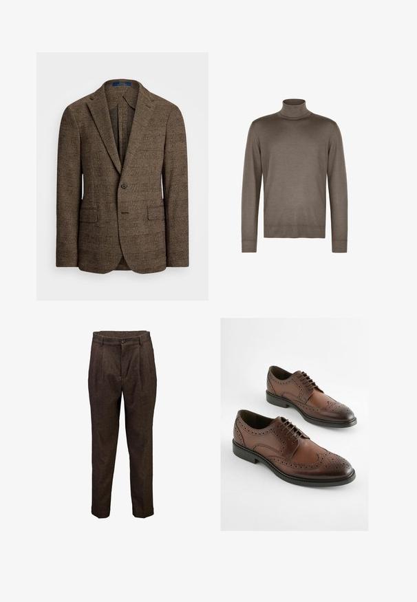 Braun kariertes Sakko mit Spitz- Revers, zwei Vordertaschen und einem Knopfverschluss. Der strukturierte Stoff verleiht dem Design Tiefe.; Brauner Rollkragenpullover aus glattem Stoff, mit passendem Kragen, langen Ärmeln und gerippten Bündchen und Saum.; Braune Herrenwollhose mit vorderen Falten, Knopfverschluss und Gürtelschlaufen, gezeigt vor weißem Hintergrund.; Braune Leder-Derby-Schuhe mit einem Brogue-Design, spitzem Zeh und flacher Gummisohle. Aufwendige Perforationen entlang der Kanten.