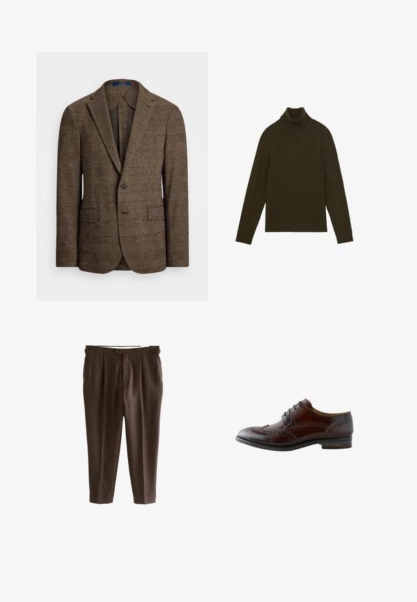 Bruine geruite blazer met een notch-lapel, twee voorzakken en een knoopsluiting met één knop. Gestructureerde stof voegt diepte toe aan het ontwerp.; Donkergroen kabelgebreide turtleneck trui met lange mouwen en geribde manchetten en zoom, plat gelegd op een witte achtergrond.; Bruine, geplooide broeken met een rechte pijpdesign, voorzien van een enkele knoopsluiting, gemaakt van een gestructureerde stof.; Bruine leren herenschoen met wingtip brogue-details en zwarte veters, van de zijkant getoond op een witte achtergrond.