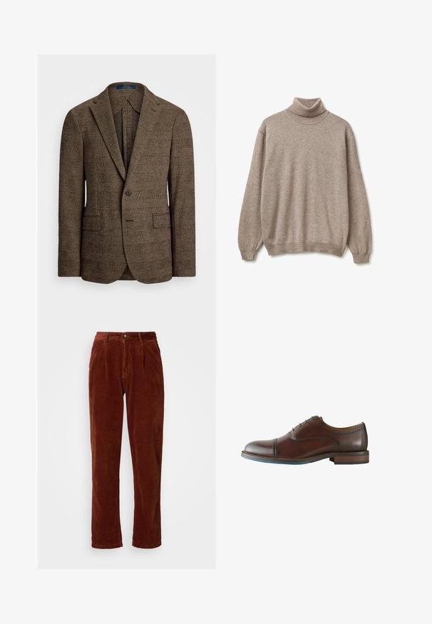 Bruine geruite blazer met een notch-lapel, twee voorzakken en een knoopsluiting met één knop. Gestructureerde stof voegt diepte toe aan het ontwerp.; Beige coltrui gemaakt van zacht breiwerk. Heeft lange mouwen en een ribgebreide zoom. Eenvoudig, gezellig ontwerp met minimale details.; Katoenen corduroy broek in een rijke bruine kleur; heeft een geplooide voorkant, rechte pijpen en een knoopsluiting bij de taille.; Bruine leren herenschoenen met veterluiting, cap toe en lichte hak op witte achtergrond.