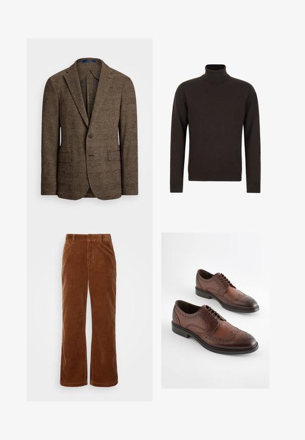 Blazer à carreaux marron avec un col cranté, deux poches avant et une fermeture à un bouton. Le tissu texturé ajoute de la profondeur au design.; Pull à col roulé marron foncé à manches longues avec poignets et ourlet côtelés, en tissu tricoté doux.; Pantalons en velours côtelé marron avec une coupe évasée, présentant une texture rayée verticale, une fermeture à bouton et des passants de ceinture standard.; Chaussures habillées brogue en cuir marron avec détails perforés et semelles noires, présentées côte à côte sur un fond blanc.