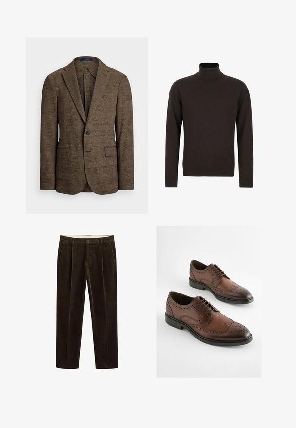 Braun kariertes Sakko mit Spitz- Revers, zwei Vordertaschen und einem Knopfverschluss. Der strukturierte Stoff verleiht dem Design Tiefe.; Dunkelbrauner Rollkragenpullover mit langen Ärmeln, gerippten Bündchen und Saum, aus weichem Strickstoff.; Dunkelbraune Cordhosen mit Fronttaschen, Gürtelschlaufen und Knopfverschluss auf einfarbigem Hintergrund.; Braune Leder-Derby-Schuhe mit einem Brogue-Design, spitzem Zeh und flacher Gummisohle. Aufwendige Perforationen entlang der Kanten.