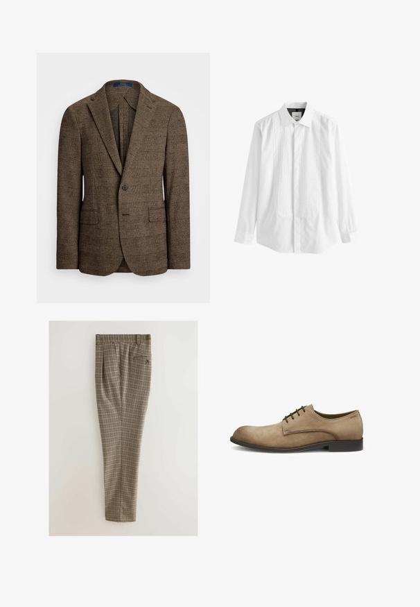 Brun ternet blazer med skrålapel, to frontlommer og enkeltknaplukning. Den strukturerede stof giver dybde til designet.; Hvid skjorte med knapper, der har en plisseret frontpanel, krave og lange ærmer, fremstillet af glat bomuldsstof.; Brune og sorte ternede bukser med folder, sidelommer og en baglomme med knaplukning. Stof har en glat tekstur.; Lysebrun ruskind herresnøresko med sort sål og lille "BOSS" logo på hælen.
