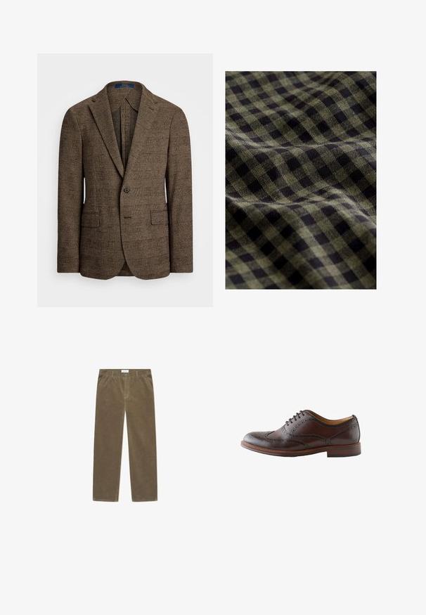 Brun ternet blazer med skrålapel, to frontlommer og enkeltknaplukning. Den strukturerede stof giver dybde til designet.; Grønt og sort ternet stof med en struktureret vævning og markante firkanter arrangeret i et regelmæssigt mønster over hele fladen.; Brune fløjlsbukser med lige pasform, der har en frontknaplukning og to sidelommer. Struktureret stof med lodrette ribber.; Mørkebrun læder wingtip brogue sko med perforerede detaljer og snørebånd, vist fra ydersiden på en hvid baggrund.