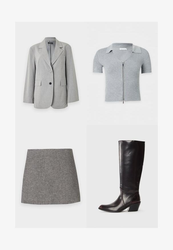 Blazer gris clair à fines rayures avec revers crantés, deux poches avant à rabat et deux boutons de couleurs différentes sur la fermeture avant.; Cardigan gris clair côtelé à manches courtes avec col et fermeture éclair argentée sur fond blanc.; Jupe à motif chevrons en tissu gris, présentant une silhouette ajustée avec une texture lisse et un ourlet droit et net.; Botte en cuir brun foncé, à hauteur de genou, avec un bout pointu, un talon bloc angulaire et une texture lisse et brillante. Présente un design épuré et des détails de couture.
