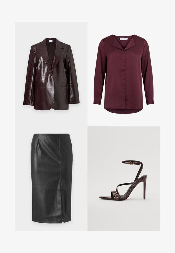 Mørk burgunder faux læder blazer med krokodille-textur, enkelt knaplukning, skrå lapels og to forlommer.; Langærmet mørkerød bluse med foldet krave og skjult knappelukning foran, lavet af glat stof.; Sorte læder blyant nederdel med et strømlinet design, der har en sideslids og en glat tekstur, velegnet til formelle eller afslappede anledninger.; Bordeaux laker læder højhælede sandal med ankelrem, spids tå og tre vandrette remme over foden. Detalje med spænde i guldtonet.