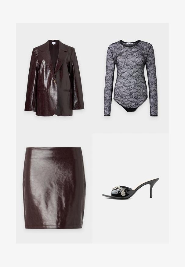 Tume burgundia kunstnahk bleiser, krokodillimustriga, ühe nööbiga kinnitusega, vöökaelusega ja kahe eesmise taskuga.; Mustast pitsist bodysuit pikkade varrukatega, lillemustriga, ümar kaelus ja ühtlane must alumine osa. Läbipaistev tekstuur ja slim-fit disain.; Burgundi faux nahkmini seelik sujuva, läikiva tekstuuri ja keha lähedase siluettiga. Omab puhtaid jooni ja sirget äärt.; Mustast lakknahast kõrge kontsaga mules avatud varbaga ja dekoratiivsete hõbedaste ripatsitega, sealhulgas lille ja luku eestosas oleval rihmal.