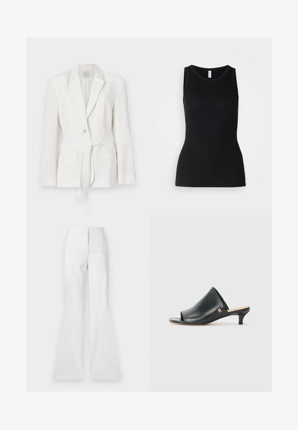 Blazer en lin blanc avec une fermeture à un bouton, revers crantés et une ceinture en tissu. Comprend deux poches avant et une finition texturée.; Débardeur noir sans manches en tissu côtelé, avec un col rond et une coupe ajustée, à la texture douce et sans motifs.; Pantalon blanc évasé en tissu léger, présentant une texture lisse, un détail de couture à l'avant et une taille ajustée.; Mules ouverts en cuir noir avec un talon bas. Présentent une surface lisse et un accent logo doré sur le côté.