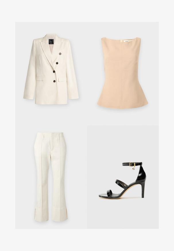 Blazer croisé crème avec de larges revers, quatre boutons foncés et deux poches avant à rabat, présenté sur un fond gris clair.; Haut sans manches beige pour femme avec encolure bateau, taille cintrée et ourlet légèrement évasé sur un fond gris clair.; Pantalon crème sur mesure avec plis sur le devant, passants de ceinture et fentes discrètes aux larges bas de jambes.; Sandale en cuir verni noir avec trois brides, boucle de cheville et talon aiguille de 10 cm. Présente un détail en métal doré et un charm logo.