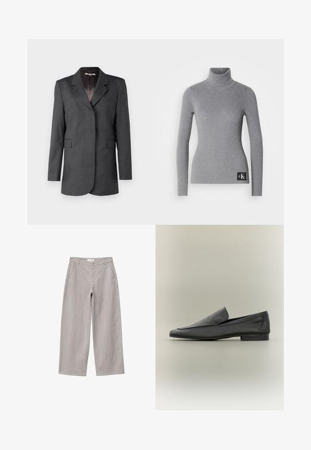 Grå blazer lavet af tekstureret stof, med en notch krave, en enkelt lomme og to forreste klaffelommer med en lige pasform.; Grå ribbet turtleneck trøje med lange ærmer, tætsiddende design og et sort mærke med hvide initialer i bunden.; Lysegrå bukser med vide ben, forlommer, bæltestropper og knaplukning i taljen.; Sorte læder loafers med en glat overflade, spids tå og minimalistisk design. Lav stablet hæl og subtile syninger.