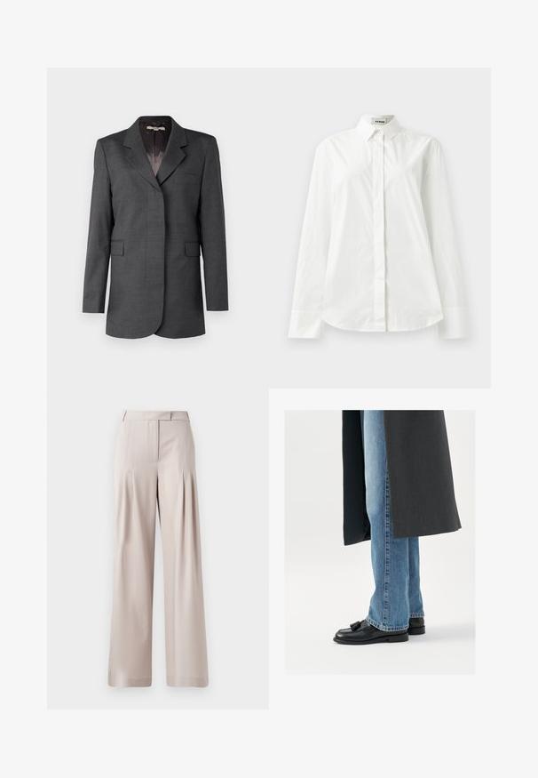 Grijze blazer van gestructureerde stof, met een reverskraag, één zak en twee voorzakken met een rechte snit.; Witte katoenen blouse met lange mouwen, een puntkraag, knoopsluiting aan de voorkant en een afgeronde zoom. Gladde textuur, normale pasvorm en geen patronen.; Beige wijde broek met een zachte textuur, geplooide voorkant en een op maat gemaakte tailleband. Geschikt voor formele of casual gelegenheid.; Zwarte leren instappers met kwastjes, gedragen met lichtblauwe rechtlopende jeans, aangevuld met een donkergrijze jas. Schone lijnen en textiel met structuur.