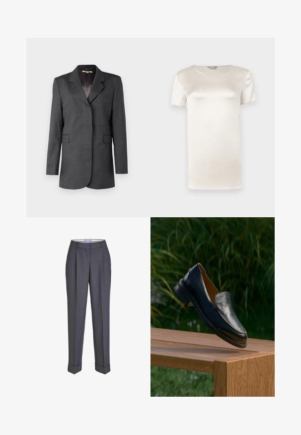 Grå blazer lavet af tekstureret stof, med en notch krave, en enkelt lomme og to forreste klaffelommer med en lige pasform.; Kortærmet, elfenbensfarvet satinbluse med rund halsudskæring og glat, blankt stoffinish.; Mørkegrå skræddersyede bukser med lige ben, plisseret for og opsmøgte manchetter. Lavet af glat stof med en klassisk talje.; Sort læder slip-on festsko, der svæver over en træbænk med grønne blade i baggrunden.