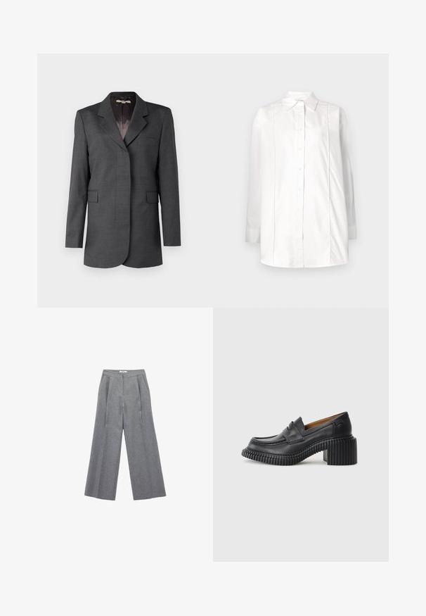 Grijze blazer van gestructureerde stof, met een reverskraag, één zak en twee voorzakken met een rechte snit.; Witte longsleeve shirt van katoen met een klassieke kraag, sluiting met knopen aan de voorkant en verticale pintuck-details op het lijfje.; Grijze, hooggewaiste wijde broek gemaakt van een gestructureerde stof met plooien aan de voorkant, voorzien van zijzakken en een op maat gemaakte uitstraling.; Zwarte leren instappers met een dikke, geribbelde rubberen hak. Voorzien van een ronde neus en een horizontale band over de wreef. Textuurondergrond.