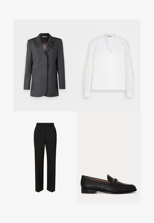 Grå blazer lavet af tekstureret stof, med en notch krave, en enkelt lomme og to forreste klaffelommer med en lige pasform.; Hvid langærmet bluse med V-udskæring, der har en glat tekstur og diskrete front sømdetaljer, designet til en afslappet pasform.; Sorte skræddersyede bukser med lige ben, der har en glat tekstur og en belted taljedetalje.; Sort læderloafer med lille hæl og dekorativt gyldent spænde foran, vist fra siden på en hvid baggrund.