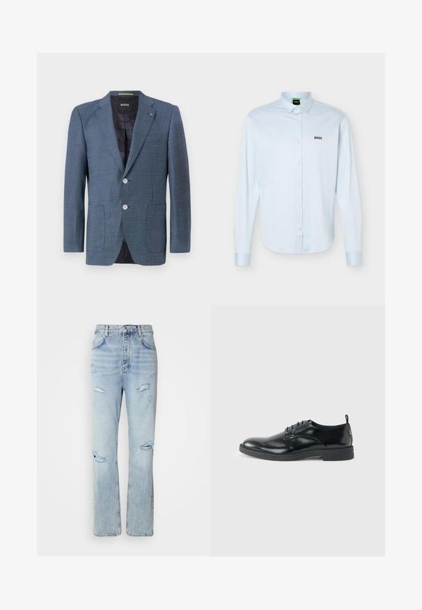 Blauer Blazer mit Muster, aus strukturiertem Stoff, zwei Knöpfen, Reverskragen und zwei Fronttaschen. Verfügt über ein gefüttertes Innenfutter für zusätzlichen Komfort.; Hellblaues langärmliges Hemd mit Knopfleiste und Kragen, schwarzem "BOSS"-Logo auf der linken Brust und geknöpften Manschetten.; Hellblaue Jeans mit legerer Passform, featuring distressed Stellen und fransigen Kanten. Der Stoff hat eine weiche, glatte Textur.; Glänzender schwarzer Lederschuh mit niedrigem Absatz, Schnürverschluss und runder Kappe, seitlich auf hellem, schlichten Hintergrund gezeigt.