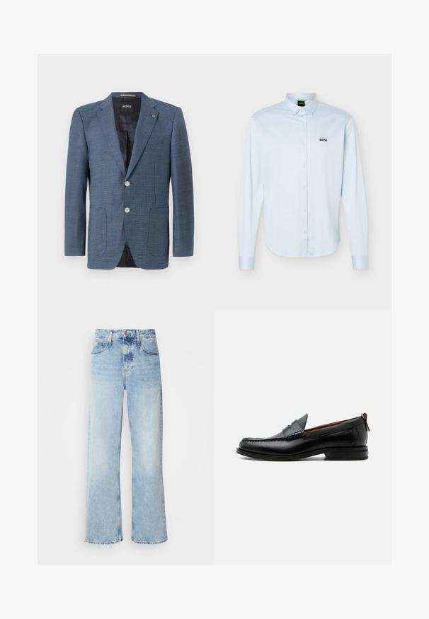 Blauer Blazer mit Muster, aus strukturiertem Stoff, zwei Knöpfen, Reverskragen und zwei Fronttaschen. Verfügt über ein gefüttertes Innenfutter für zusätzlichen Komfort.; Hellblaues langärmliges Hemd mit Knopfleiste und Kragen, schwarzem "BOSS"-Logo auf der linken Brust und geknöpften Manschetten.; Helle blaue weite Jeans mit hoher Taille, in verwaschenem Finish, mit Gürtelschlaufen und klassischem Fünf-Taschen-Design. Der Saum ist ungesäumt.; Schwarzer Leder-Herrenschuh mit Mokassinnaht, Penny-Riemen, strukturiertem Kragen und niedrigem gestapeltem Absatz auf weißem Hintergrund.