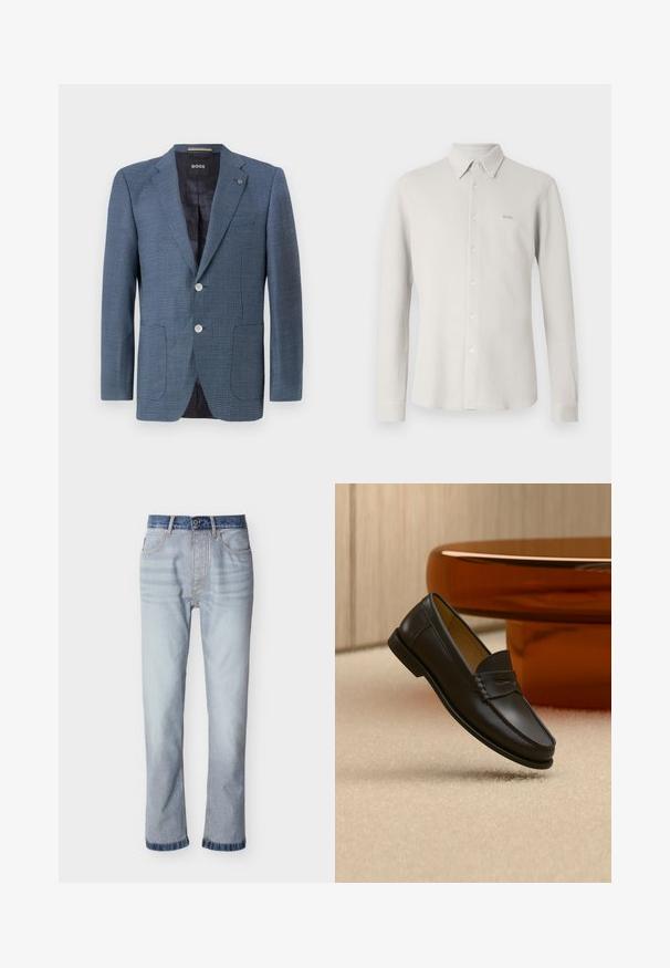 Blauer Blazer mit Muster, aus strukturiertem Stoff, zwei Knöpfen, Reverskragen und zwei Fronttaschen. Verfügt über ein gefüttertes Innenfutter für zusätzlichen Komfort.; Hellgraues Hemd aus strukturiertem Stoff, mit Kragen und langen Ärmeln; verfügt über ein dezentes "BOSS"-Logo auf der Brust.; Hellblaue Jeans aus Denim mit einem dunkelblauen Bund, geradem Beinverlauf, fünf Taschen und sichtbaren Nahtdetails.; Schwarzer Leder-Loafer, der über einem hellbeigen Teppich schwebt, mit bernsteinfarbenen modernen Möbeln im Hintergrund.