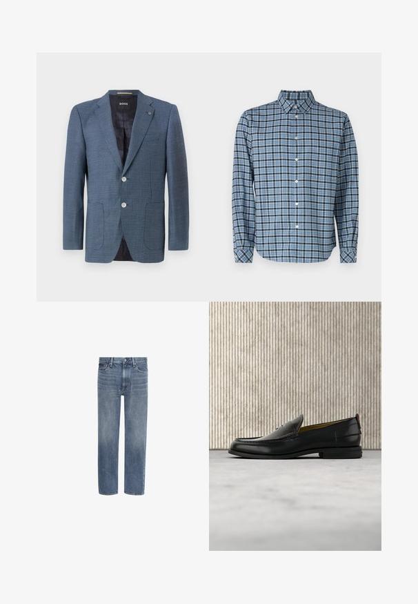Blauer Blazer mit Muster, aus strukturiertem Stoff, zwei Knöpfen, Reverskragen und zwei Fronttaschen. Verfügt über ein gefüttertes Innenfutter für zusätzlichen Komfort.; Hemd aus gewobenem Baumwollstoff, blau-schwarz kariert, mit langen Ärmeln, Kragen, weißen Knöpfen und verstellbaren Manschetten.; Gerade geschnittene blaue Denim-Jeans mit Vordertaschen, Gürtelschlaufen und Knopfverschluss.; Schwarzer Herren-Slipper aus Leder mit einer krokogeprägten Vorderkappe und einem niedrigen Absatz, im Profil vor neutralem Hintergrund gezeigt.