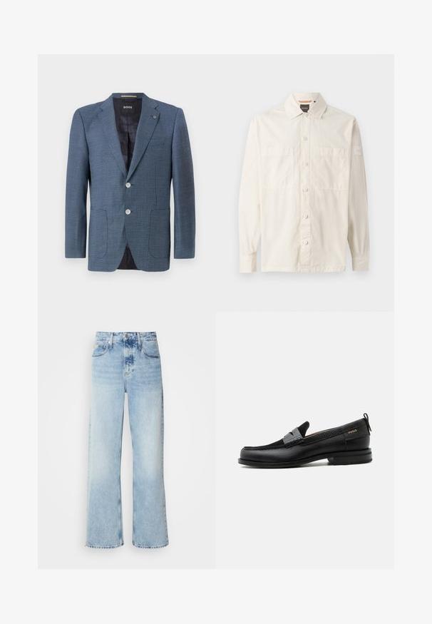 Blauer Blazer mit Muster, aus strukturiertem Stoff, zwei Knöpfen, Reverskragen und zwei Fronttaschen. Verfügt über ein gefüttertes Innenfutter für zusätzlichen Komfort.; Beige Langarmshirt aus leichtem Stoff, mit durchgängigem Knopfverschluss, zwei Brusttaschen und einem Markenetikett am Ärmel.; Helle blaue weite Jeans mit hoher Taille, in verwaschenem Finish, mit Gürtelschlaufen und klassischem Fünf-Taschen-Design. Der Saum ist ungesäumt.; Schwarzer Lederloafer mit grauem Riemendetail, niedrigem Absatz und strukturierter Sohle, seitlich mit „HUGO“ in Gold gebrandmarkt.