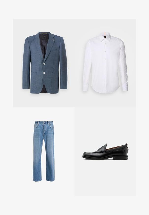 Blauer Blazer mit Muster, aus strukturiertem Stoff, zwei Knöpfen, Reverskragen und zwei Fronttaschen. Verfügt über ein gefüttertes Innenfutter für zusätzlichen Komfort.; Weiße langärmlige Button-Down-Hemd aus Baumwolle, mit klassischem Kragen, subtiler Logo-Detailierung auf der Brust und weißen Knöpfen.; Helle blaue Jeans im Geradeschnitt-Design, mit fünf Taschen, Knopfverschluss, minimaler Ausbleichung und kontrastierenden Nähdetails.; Schwarzer Leder-Herrenschuh mit Mokassinnaht, Penny-Riemen, strukturiertem Kragen und niedrigem gestapeltem Absatz auf weißem Hintergrund.