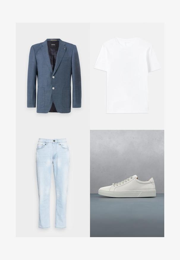 Blauer Blazer mit Muster, aus strukturiertem Stoff, zwei Knöpfen, Reverskragen und zwei Fronttaschen. Verfügt über ein gefüttertes Innenfutter für zusätzlichen Komfort.; Weißes Baumwoll-T-Shirt mit klassischem Rundhalsausschnitt und kurzen Ärmeln, das eine glatte Textur und einen regulären Schnitt aufweist.; Hellblaue Jeans aus Denim mit geradem Bein, mit ausgewaschenem Look, fünf Taschen und metallischen Knopfdetails am Bund.; Weißes Leder-Sneaker mit abgerundetem Zehenbereich, minimalistisches Design, graue Schnürsenkel und einer strukturierten grauen Gummisohle. Dezente Nähte sichtbar.