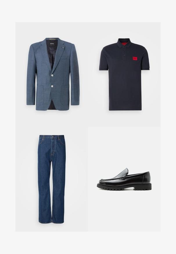 Blå mønstret blazer med struktureret stof, to knapper, almindelig revers og to forlommer. Har en foret inderside for ekstra komfort.; Marineblå polo t-shirt lavet af bomuld, med en knaplukning i tre knapper, ribbet krave og manchetter, samt et rødt logo patch på venstre bryst.; Blå denim jeans med lige ben, der har en knaplukning, fem lommer og kontraststikninger langs sømmene.; Sort læderloafer med chunky gummisål, syet overdel og præget mærkenavn på hælen, vist i sideprofil på hvid baggrund.