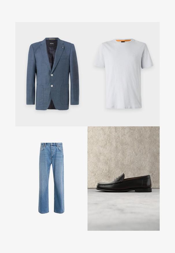 Blauer Blazer mit Muster, aus strukturiertem Stoff, zwei Knöpfen, Reverskragen und zwei Fronttaschen. Verfügt über ein gefüttertes Innenfutter für zusätzlichen Komfort.; Hellgraues T-Shirt mit kurzen Ärmeln aus Baumwolle, das ein kleines Logopatch auf der Brust und einen kontrastierenden orangefarbenen Akzent am Halsausschnitt aufweist.; Helle blaue Jeans im Geradeschnitt-Design, mit fünf Taschen, Knopfverschluss, minimaler Ausbleichung und kontrastierenden Nähdetails.; Schwarzer Pennyloafer aus Leder mit niedrigem Absatz, abgerundeter Spitze und genähten Details vorne und an den Seiten, gezeigt vor neutralem Hintergrund.