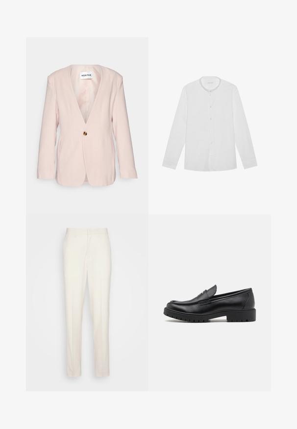 Blazer rose clair avec un décolleté en V profond, fermeture à un bouton doré unique et manches longues. Présente une coupe ajustée et une texture subtile.; Chemise blanche à manches longues avec col montant et une poche poitrine, posée à plat sur un fond uni.; Pantalons sur mesure de couleur crème avec une coupe droite, fabriqués en tissu texturé. Dotés de passants de ceinture et d'une fermeture à glissière à l'avant.; Mocassins en cuir noir avec un bout arrondi, un design à enfiler et une semelle en caoutchouc épaisse avec une texture antidérapante. Talon surélevé et détails de surpiqûre subtils.